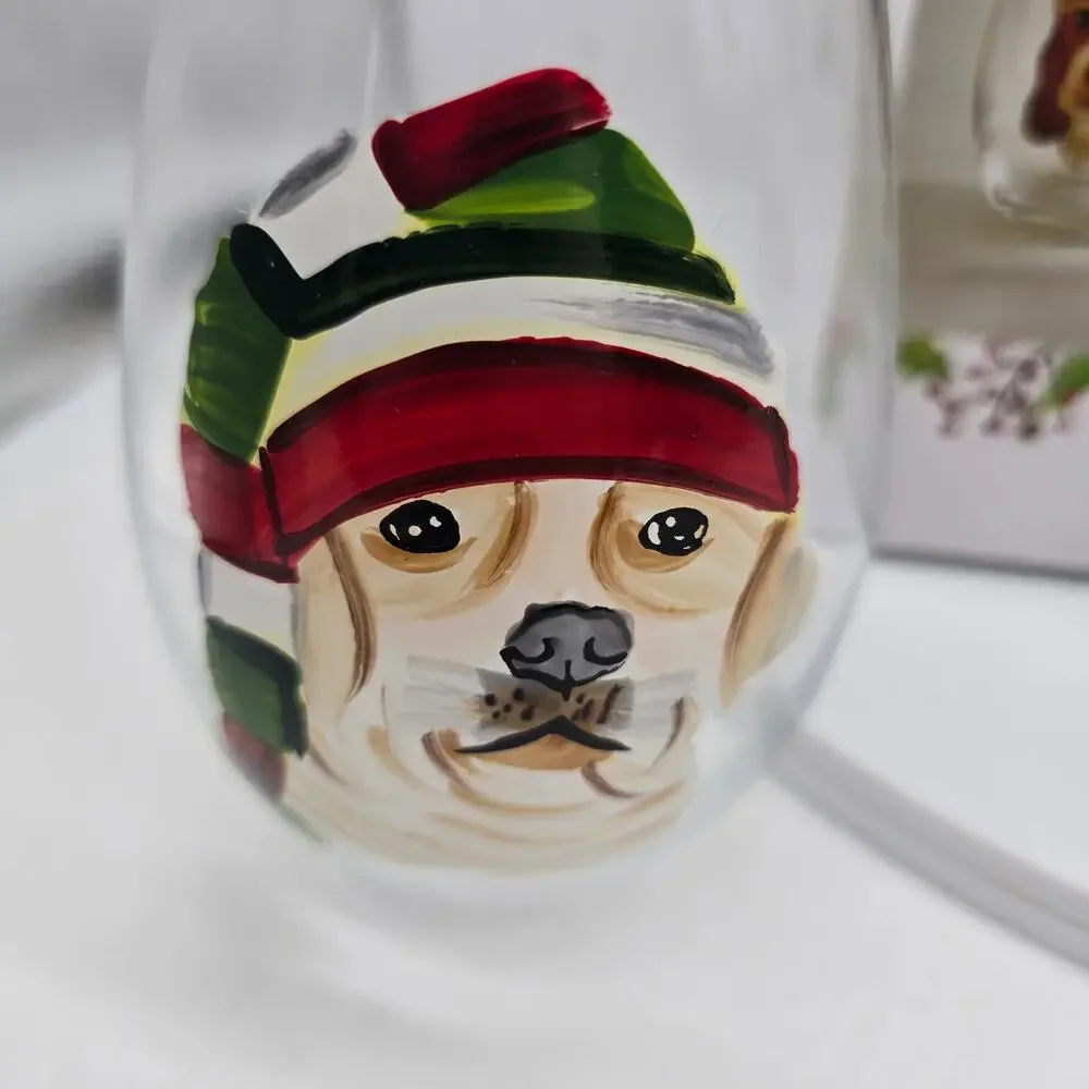 Pier 1 Hand Painted Stemless Wine Glasses Holiday Christmas Puppy Dogs Set of 4